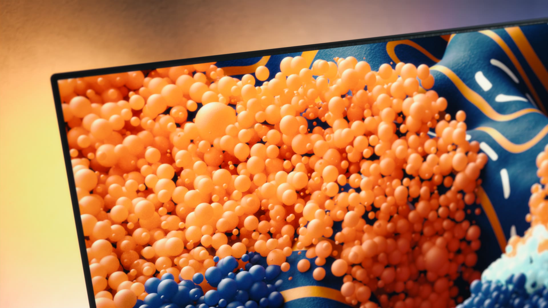 Oranje en blauwe bolletjes lopen over de rand van het scherm.