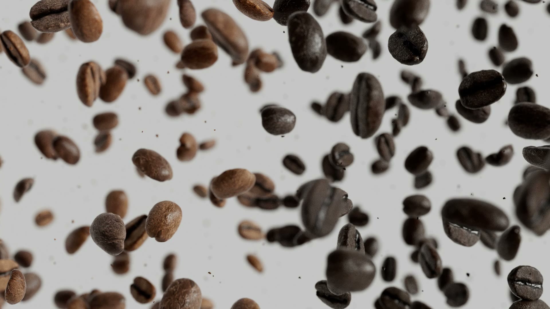 Koffiebonen vallen door het beeld.