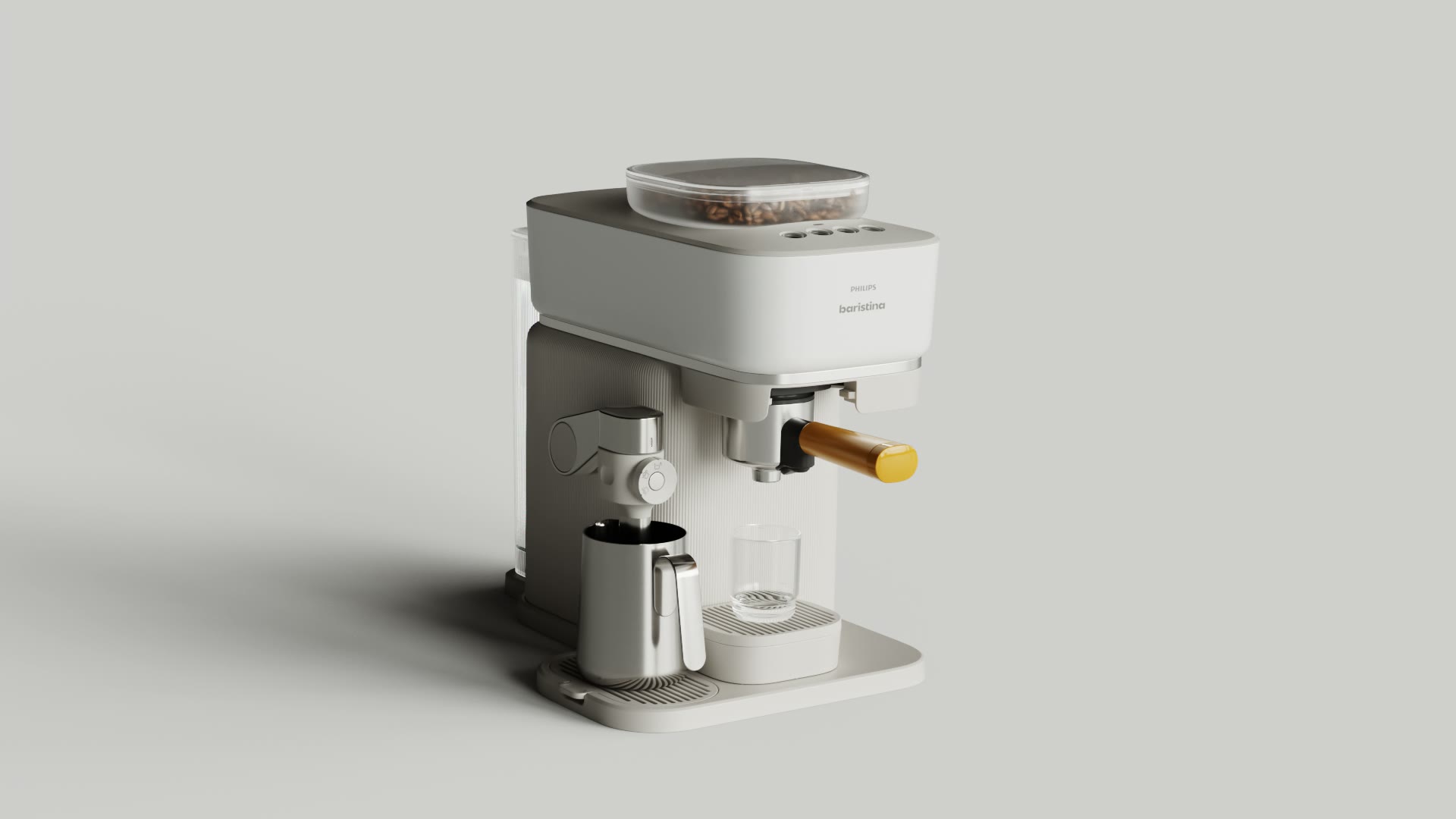 De Philips Baristina in zijn geheel, op een lichte achtergrond.